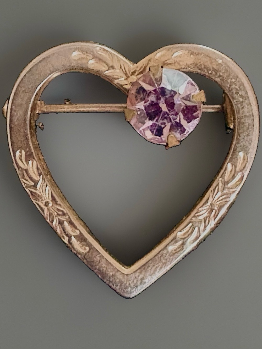 Vintage Sweetheart Brooch Gold Plated Purple Rhinestone Open Heart Brooch